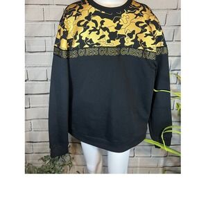 Guess Los Angeles Mens XL Black Gold Metallic Camo Logo Tape Sweatshirt